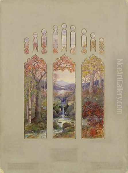 Design for Autumn Landscape Window Oil Painting by Louis Comfort Tiffany