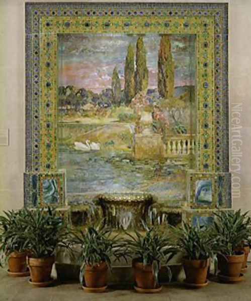 Garden Landscape and Fountain Oil Painting by Louis Comfort Tiffany