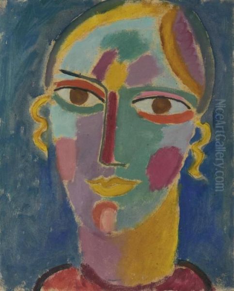 Mystischer Kopf: Frauenkopf Auf Blauem Grund Oil Painting by Alexei Jawlensky