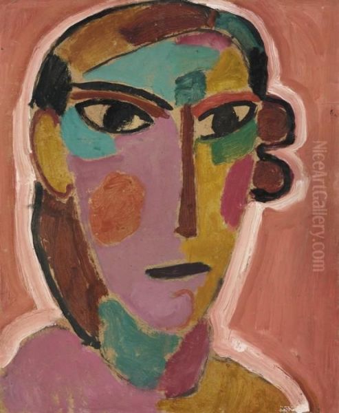 Mystischer Kopf: Frauenkopf Auf Rotem Grund Oil Painting by Alexei Jawlensky