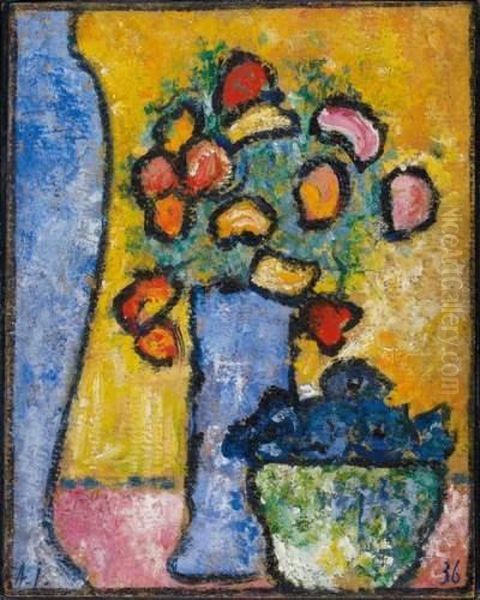 Still Life With Two Blue Vases, Flowers And Gentianbowls Oil Painting by Alexei Jawlensky