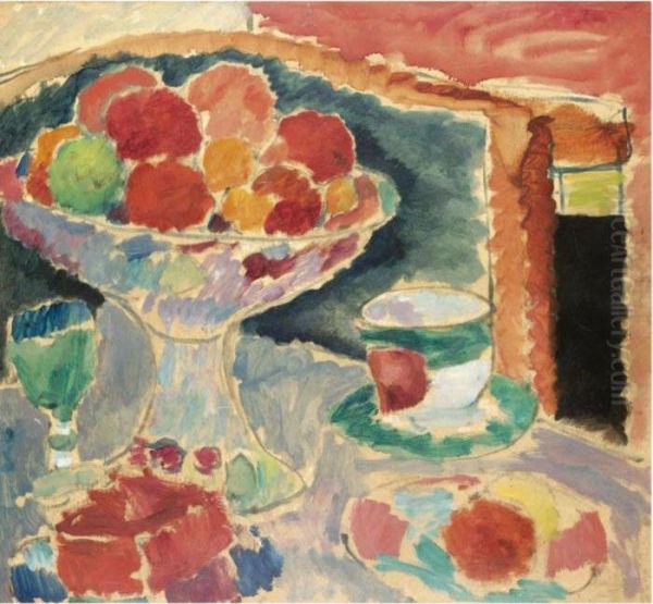 Stilleben Mit Obstschale, 
Bohmischem Glas Und Empiretasse (still-life With Fruit-stand, Bohemian 
Glass And Empire Cup) Oil Painting by Alexei Jawlensky