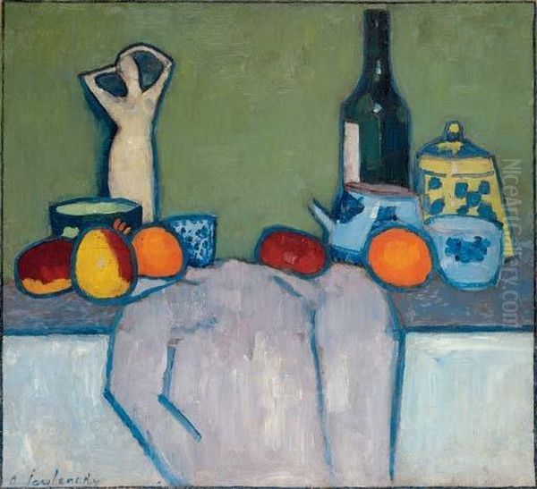 Stilleben Mit Fruchten, Figur Und Flasche Oil Painting by Alexei Jawlensky