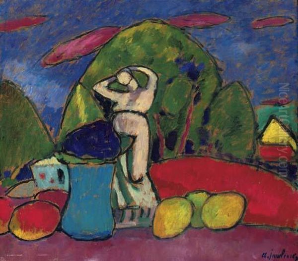 Stilleben Mit Figur, Fruchten Und Landschaft Oil Painting by Alexei Jawlensky