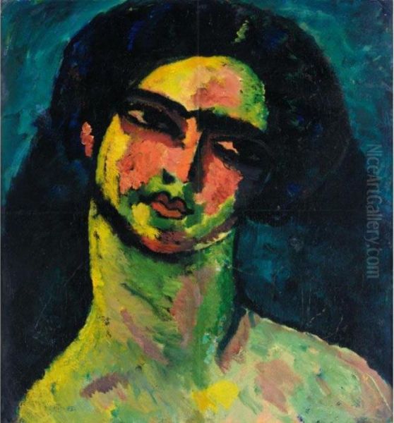 Kopf Einer Italienerin Mit 
Schwarzem Haar Von Vorne (head Of An Italian Woman With Black Hair, 
Frontal View) Oil Painting by Alexei Jawlensky