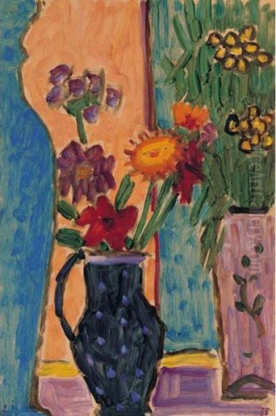 Grosses Stilleben: Blumen Mit 
Blauen Vasen Und Rosa Tapete (large Still-life: Flowers With Blue Vases 
And Pink Wall-paper) Oil Painting by Alexei Jawlensky