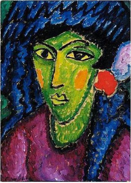 Blauer Shawl (blue Shawl) Oil Painting by Alexei Jawlensky