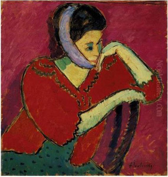 Frau Mit Kopfbinde (woman With Bandeau) Oil Painting by Alexei Jawlensky