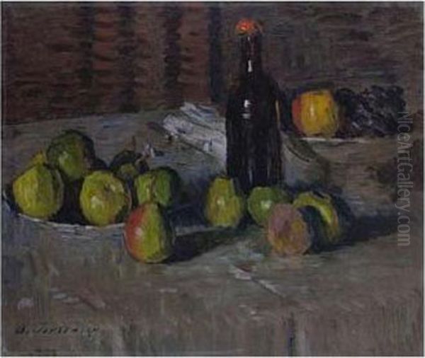 Stilleben Mit Apfeln Und Flasche (still Life With Apples And A Bottle) Oil Painting by Alexei Jawlensky