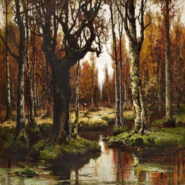 Quiet Autumn Day In A Russian Birch Forest Oil Painting by Iulii Iul'evich (Julius) Klever