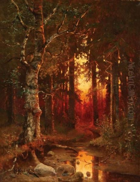 Wooded Landscape At Dusk Oil Painting by Iulii Iul'evich (Julius) Klever