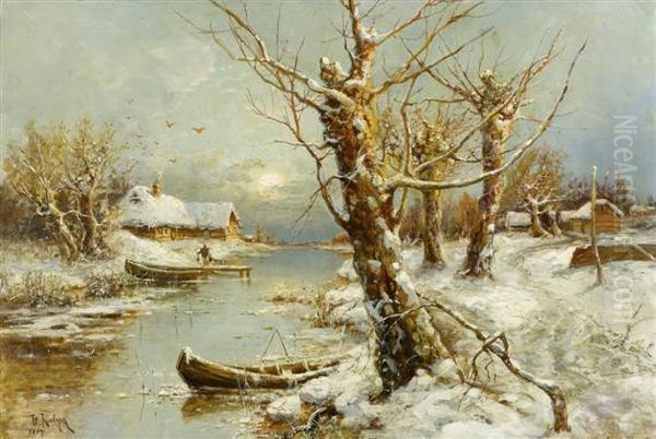 River Landscape In Winter Oil Painting by Iulii Iul'evich (Julius) Klever