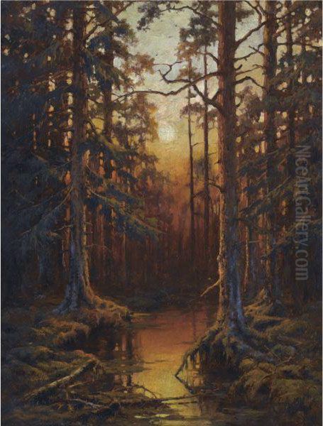 Forest Sunset Oil Painting by Iulii Iul'evich (Julius) Klever