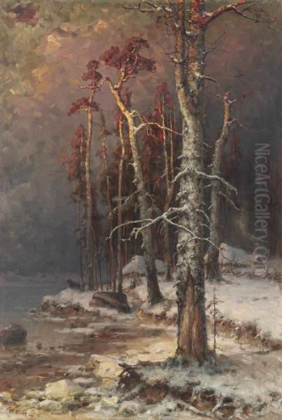 Winter In The Forest Near Lake Peipus Oil Painting by Iulii Iul'evich (Julius) Klever