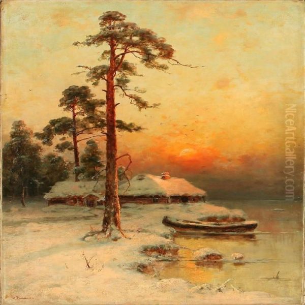 Russian Winter Landscape At Sunset Oil Painting by Iulii Iul'evich (Julius) Klever