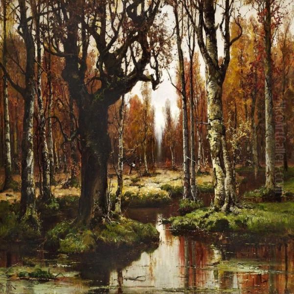 Quiet Autumn Day In A Russian Birch Forest Oil Painting by Iulii Iul'evich (Julius) Klever