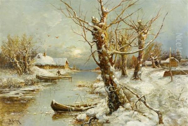 Riverlandscape In Winter Oil Painting by Iulii Iul'evich (Julius) Klever