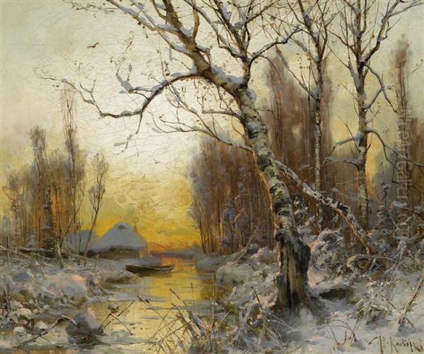 River Landscape In Winter Atsunset Oil Painting by Iulii Iul'evich (Julius) Klever