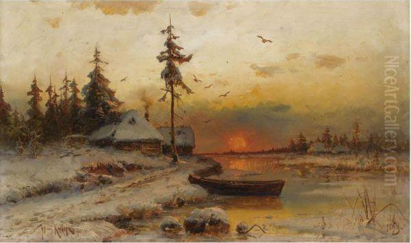 Winter Sunset Oil Painting by Iulii Iul'evich (Julius) Klever