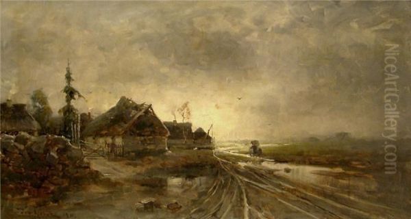 Regennassedorfstrase Mit Bauerin, Unter Bewolktem Himmel Oil Painting by Iulii Iul'evich (Julius) Klever