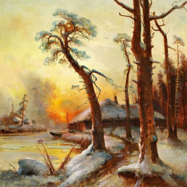 Sunset Over A Winter Landscape Oil Painting by Iulii Iul'evich (Julius) Klever