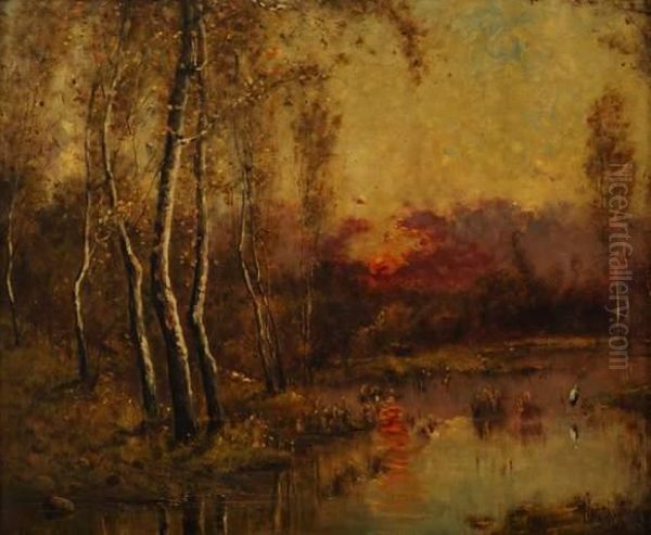 Coucher De Soleil Sur L'etang Oil Painting by Iulii Iul'evich (Julius) Klever