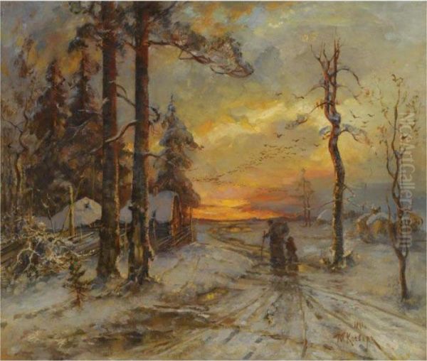 Winter Sunset Oil Painting by Iulii Iul'evich (Julius) Klever