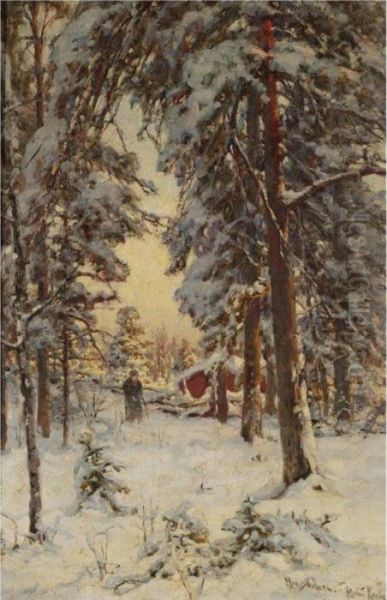 Wood Gatherer In A Wintry Forest Oil Painting by Iulii Iul'evich (Julius) Klever