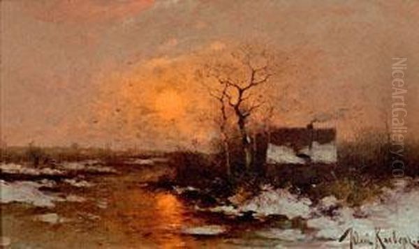 Winterliche Fluslandschaft Im Abendrot Oil Painting by Iulii Iul'evich (Julius) Klever