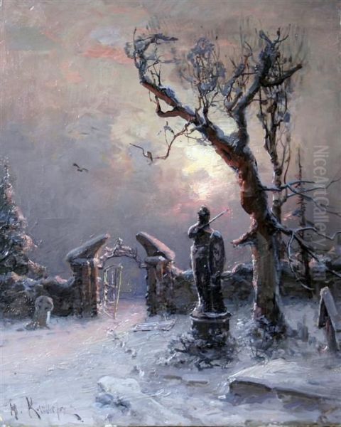 Cemetary In Winter Oil Painting by Iulii Iul'evich (Julius) Klever