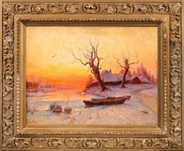 Winterliche Flusslandschaft Im Abendrot Oil Painting by Iulii Iul'evich (Julius) Klever