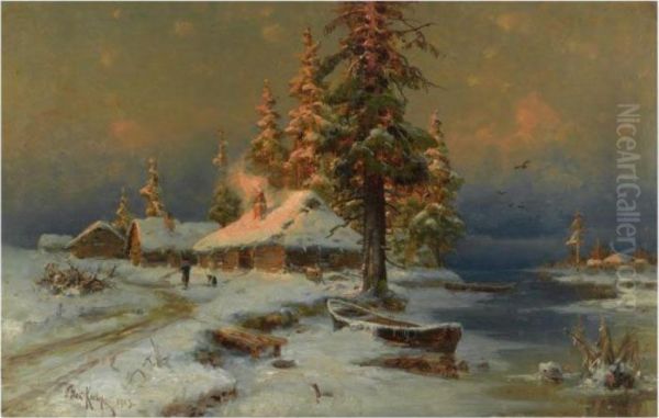 Early Evening In Winter Oil Painting by Iulii Iul'evich (Julius) Klever