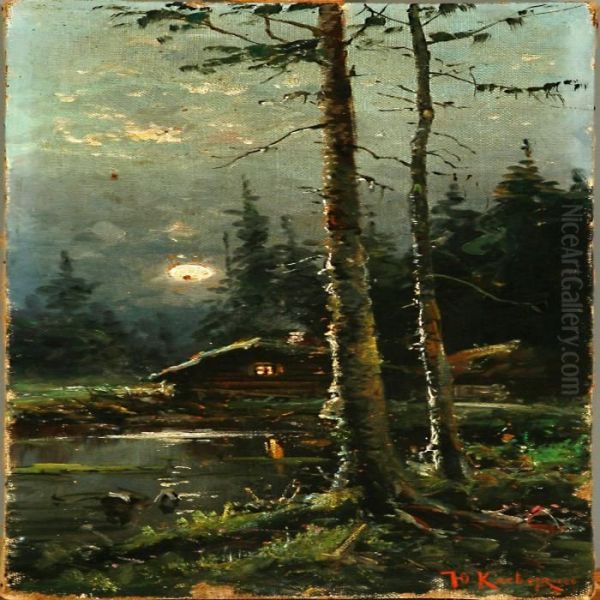 Forest Scene In Moonlight Oil Painting by Iulii Iul'evich (Julius) Klever