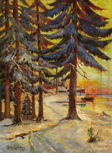 Winter Evening On The Lake Oil Painting by Iulii Iul'evich (Julius) Klever