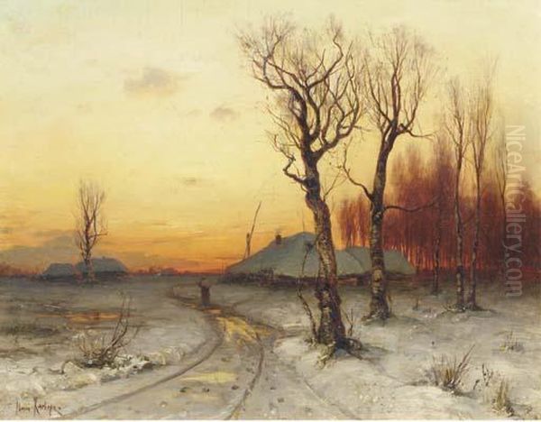 Winter: Snowcovered Farms At Dusk Oil Painting by Iulii Iul'evich (Julius) Klever