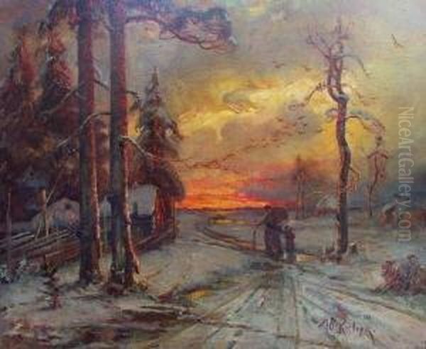 Winterlandschaft Bei Dammerung Oil Painting by Iulii Iul'evich (Julius) Klever