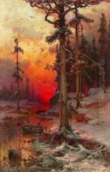 Sonnenuntergangsstimmung Im
 Winterwald. Oil Painting by Iulii Iul'evich (Julius) Klever