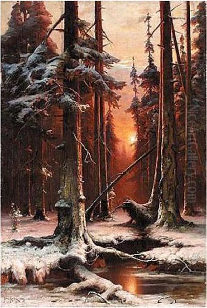 Forest At Sunset Oil Painting by Iulii Iul'evich (Julius) Klever