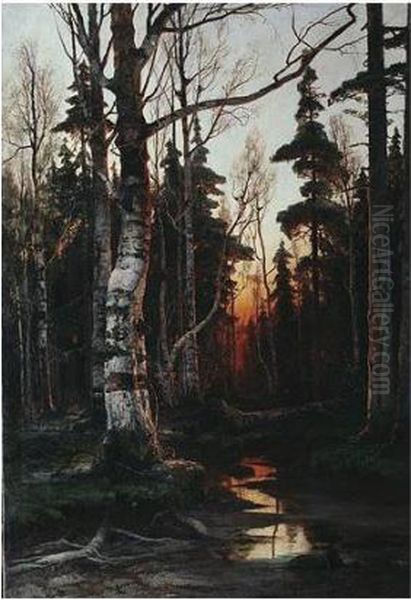 Birch Forest At Sunset Oil Painting by Iulii Iul'evich (Julius) Klever