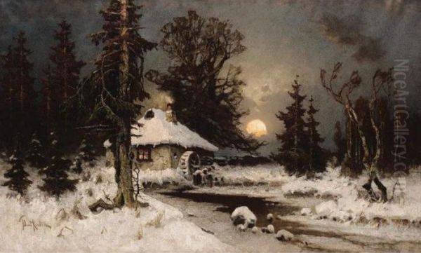 The Mill In Winter Oil Painting by Iulii Iul'evich (Julius) Klever