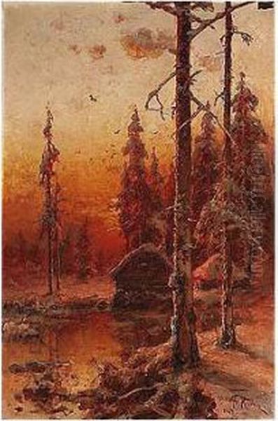 Izba On A Winter's Evening Oil Painting by Iulii Iul'evich (Julius) Klever