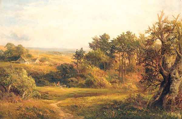 Children at a Sty in an extensive Landscape, near Rugby Oil Painting by George Turner