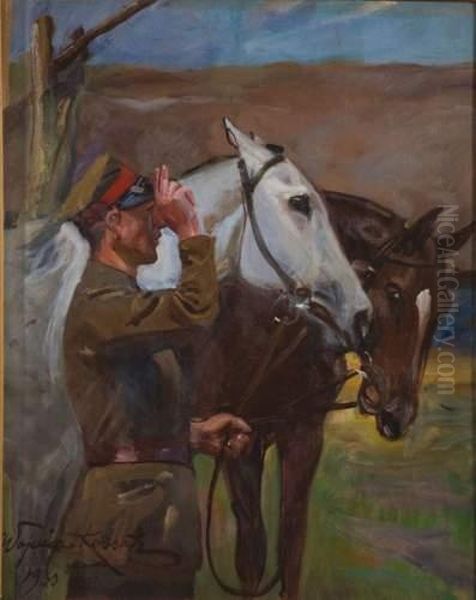 Soldat Gardant Les Chevaux Oil Painting by Wojciech Von Kossak