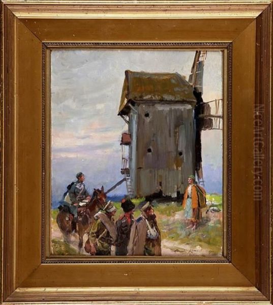 Spotkanie Przy Wiatraku (scena Z Wielkiej Wojny) Oil Painting by Wojciech Von Kossak