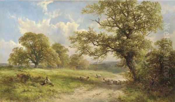 Landscape with a shepherd and his flock, resting Oil Painting by George Turner