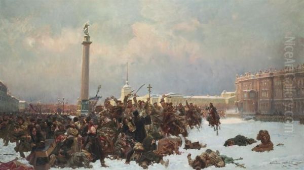 Bloody Sunday In St. Petersburg Oil Painting by Wojciech Von Kossak