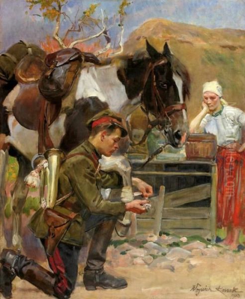 Ulan Opatrujacy Rannego Konia Oil Painting by Wojciech Von Kossak