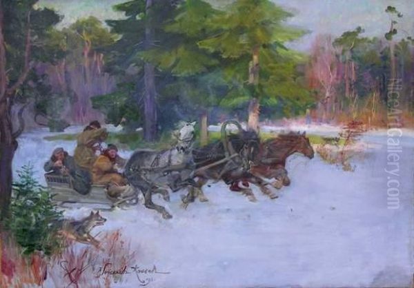 Chasse Au Loups Oil Painting by Wojciech Von Kossak