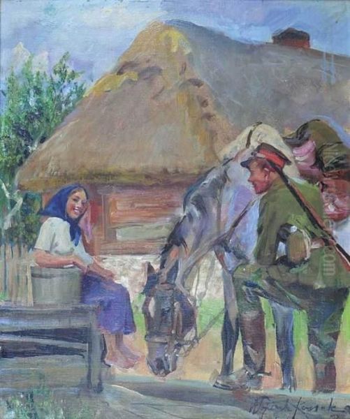 Dziewczyna Z Zolnierzem Przy Studni Oil Painting by Wojciech Von Kossak