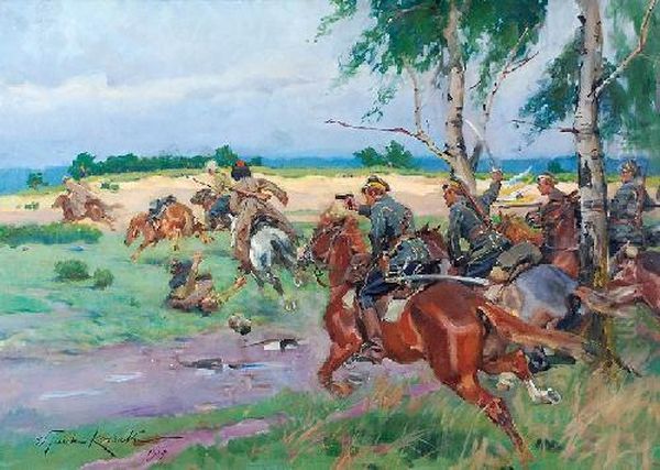 Pogon Za Bolszewikami Oil Painting by Wojciech Von Kossak